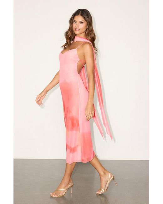 Lulus Pink Morena Abstract Mesh Sash Scarf Midi Dress
