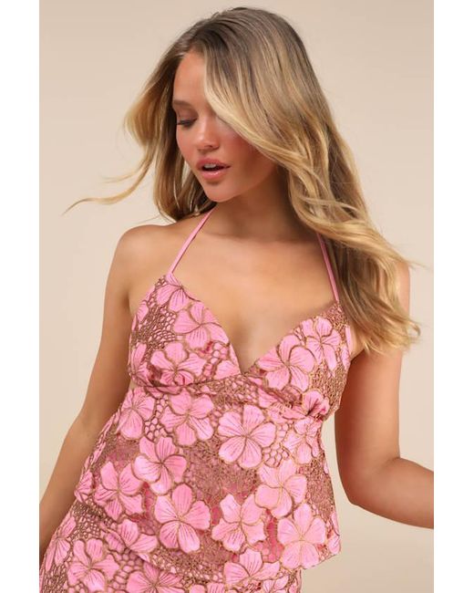 Lulus Pink Quintessa Floral Crochet Lace Backless Halter Top