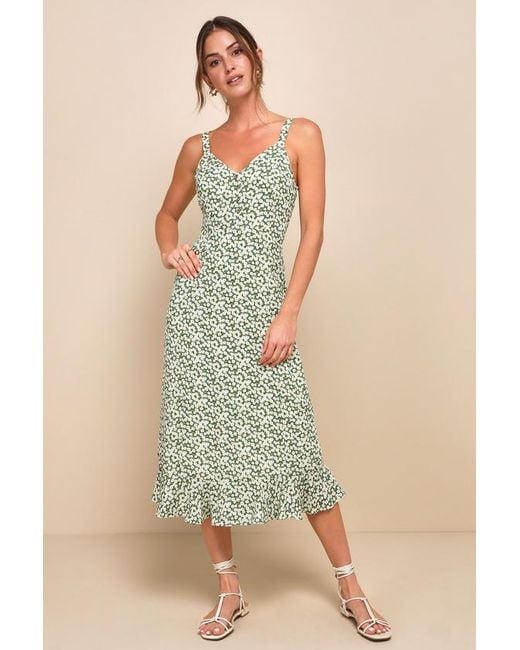 Lulus Green Darling Daisies Floral Print Midi Dress