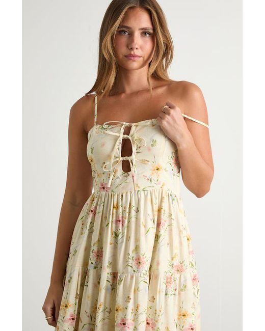 Lulus Natural Nattie Pale Floral Tie-Front Tiered Midi Dress
