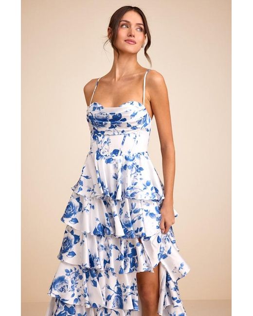 Lulus Blue Arletta And Floral Satin Bustier Tiered Maxi Dress