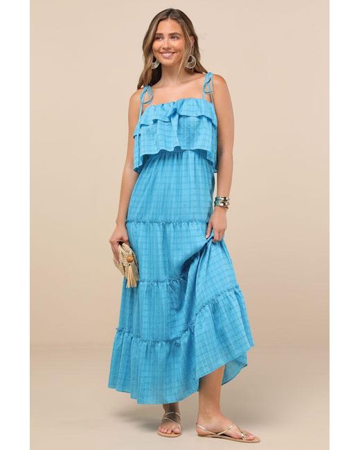 Lulus Blue Inaya Aqua Textured Tie-Strap Tiered Maxi Dress