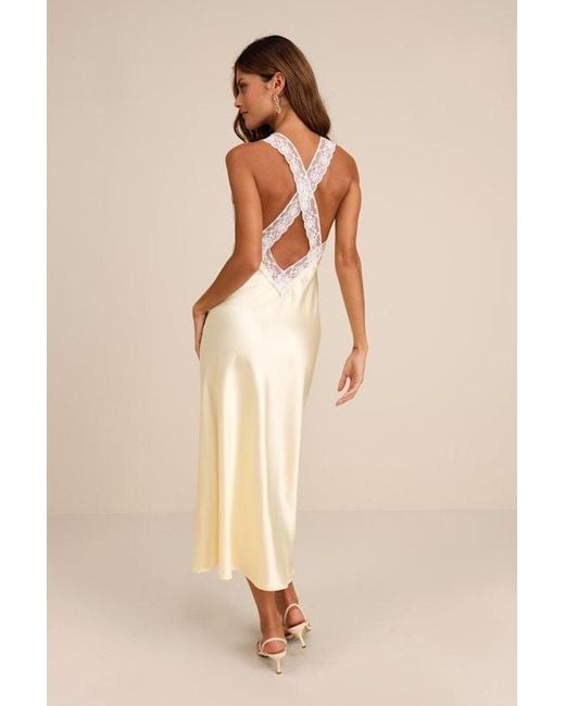 Lulus Natural Camara Pale Satin Lace Slip Midi Dress