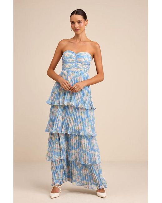 Lulus Black Seriously Sensational Floral Strapless Tiered Maxi Dress