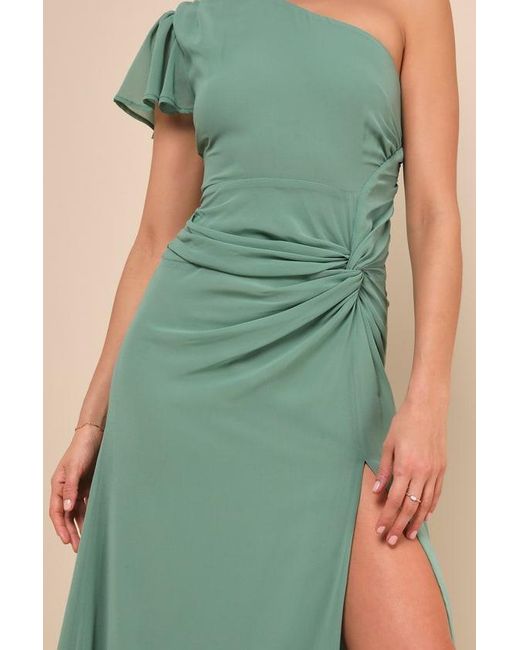 Lulus Blue Loving Twist Sage One-Shoulder Twist-Front Maxi Dress