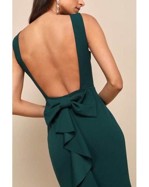 Lulus Green Exquisite Refinement Emerald Backless Bow Ruffled Maxi Dress
