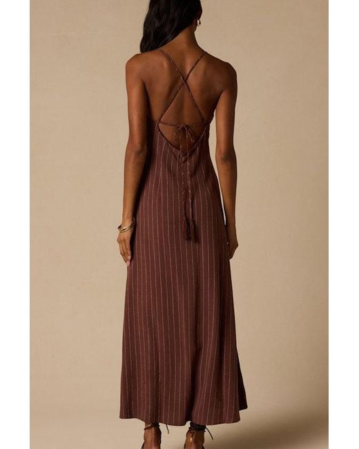 Lulus Brown Lilly Pinstriped Tie-Back Midi Dress