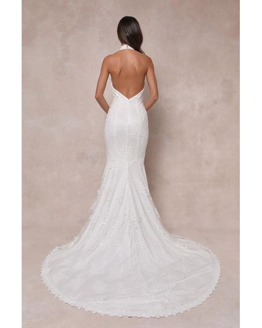 Lulus White Dreamy Glamour Embroidered Halter Mermaid Maxi Dress