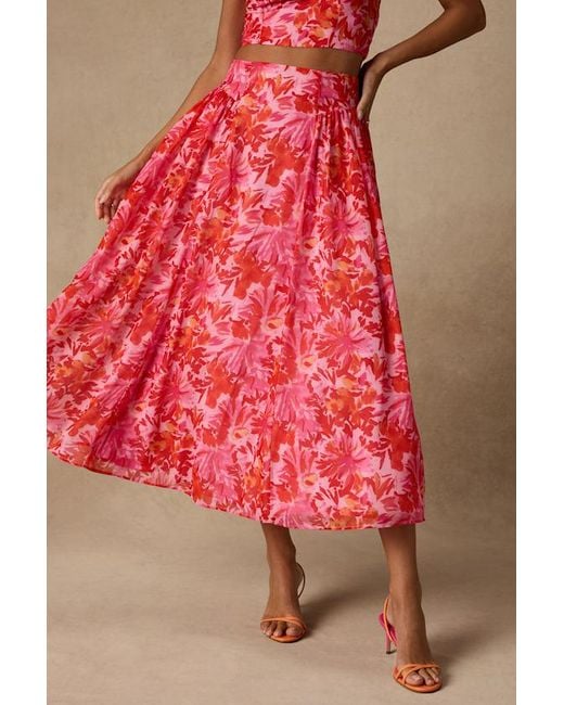 Lulus Red Nashira Multi Floral High-Rise Midi Skirt