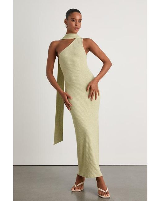 Lulus Natural Venna Heathered Sage One-Shoulder Scarf Maxi Dress