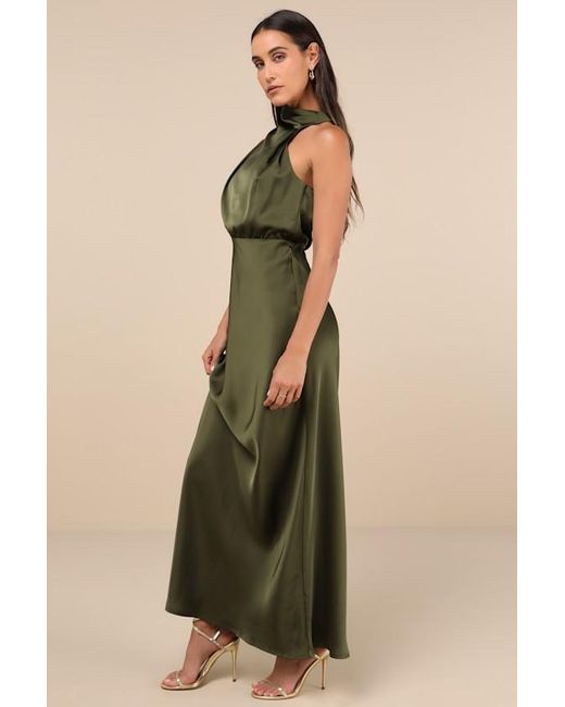 Lulus Green Distinctive Charm Satin Asymmetrical Maxi Dress