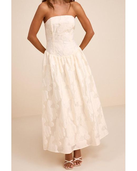 Lulus Natural Calen Cream Floral Jacquard Drop Waist Maxi Dress