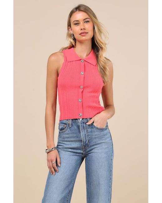 Lulus Pink Jena Ribbed Knit Button-Front Tank Top