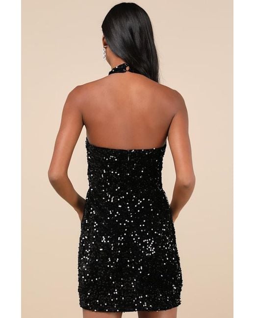 Lulus Black Elevated Dazzle Velvet Sequin Fringe Halter Mini Dress