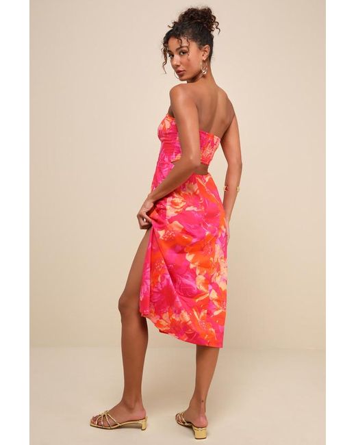 Lulus Pink Bold Tendencies Floral Strapless Cutout Midi Dress