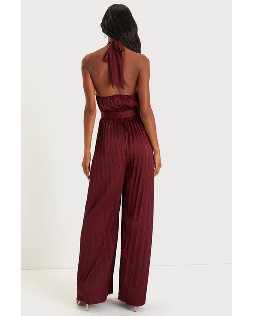 Lulus Red Confident Impression Satin Pleated Halter Jumpsuit