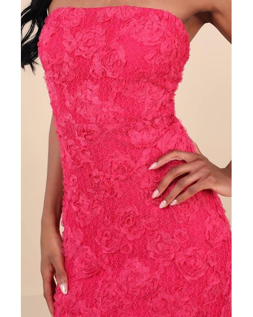 Lulus Pink Flawless Perfection Floral Applique Strapless Midi Dress