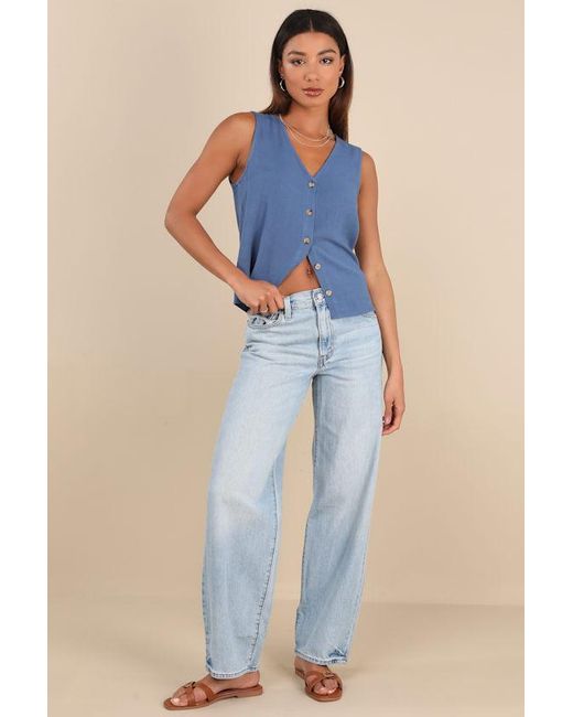 Lulus Blue Casually Sophisticated Linen Button-Front Top