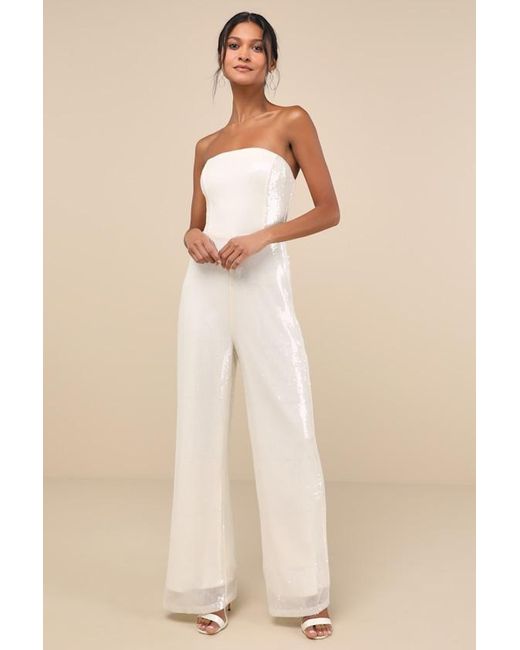 Lulus Natural Cherelle Cream Sequin Strapless Jumpsuit