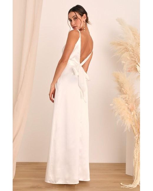 Lulus Natural Ready For Forever Satin Pearl Tie-Back Maxi Dress