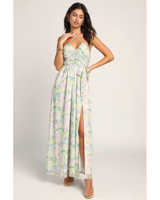 Lulus Natural Effortlessly Abloom Multi Floral Ruched Halter Maxi Dress