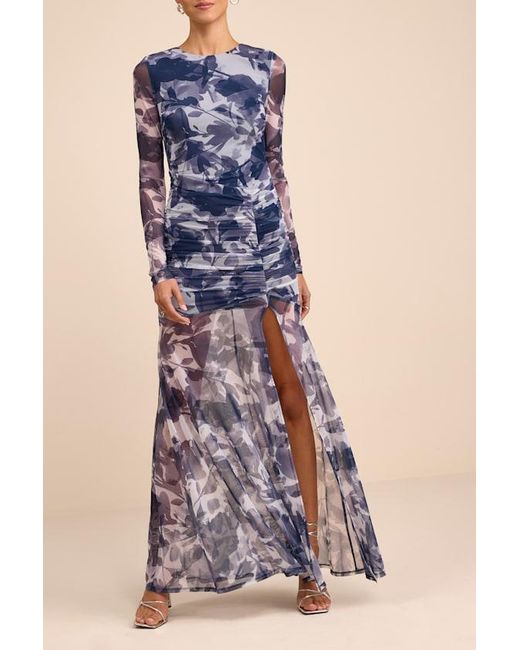 Lulus Blue Vibrant Poise Floral Print Mesh Ruched Maxi Dress