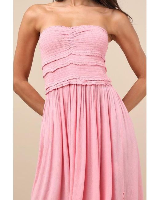 O'neill Sportswear Pink Devyn Smocked Strapless Midi Dress