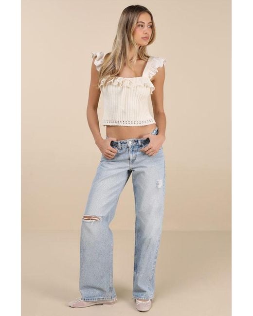 Lulus Blue Gioia Cream Ribbed Ruffled Cap Sleeve Top
