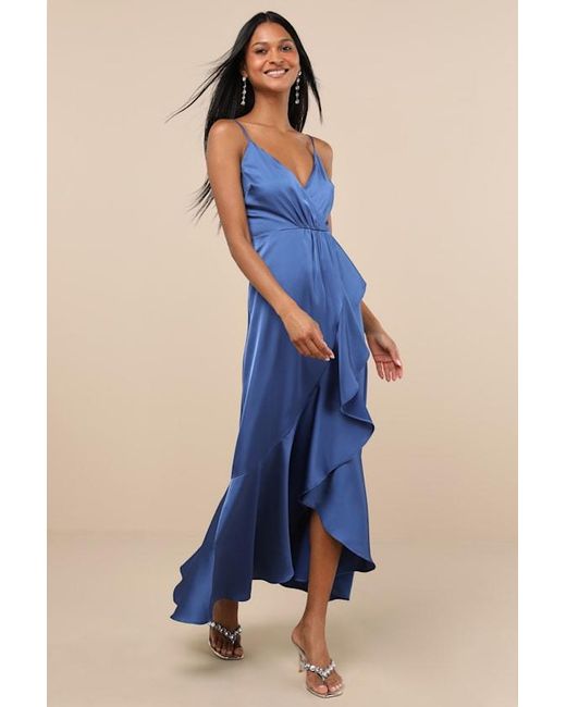 Lulus Blue Enchanted Moments Satin Ruffled High-Low Dress