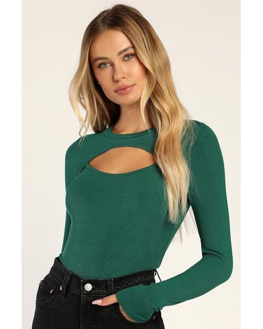 Lulus Green Flirty Little Secret Ribbed Cutout Long Sleeve Top