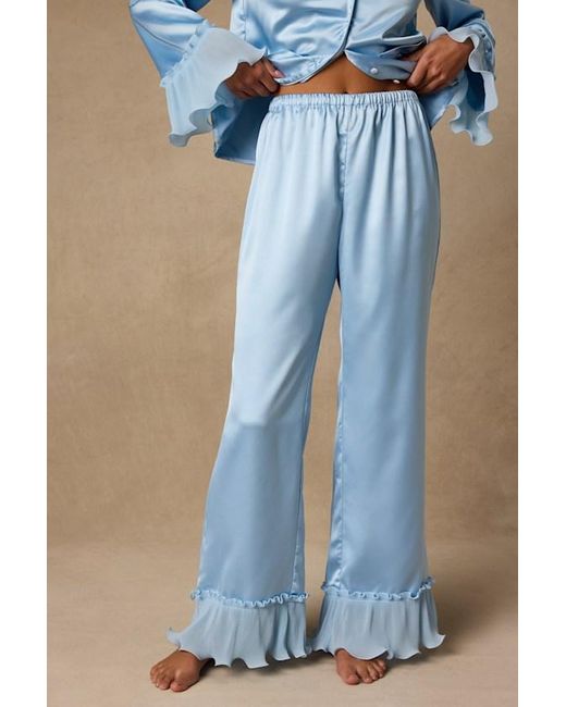 Lulus Blue Melanie Satin Ruffled Two-Piece Pajama Set