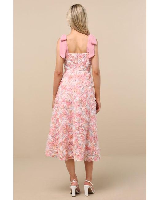 Lulus Pink Tarina Multi 3D Rosette Tie-Strap Midi Dress