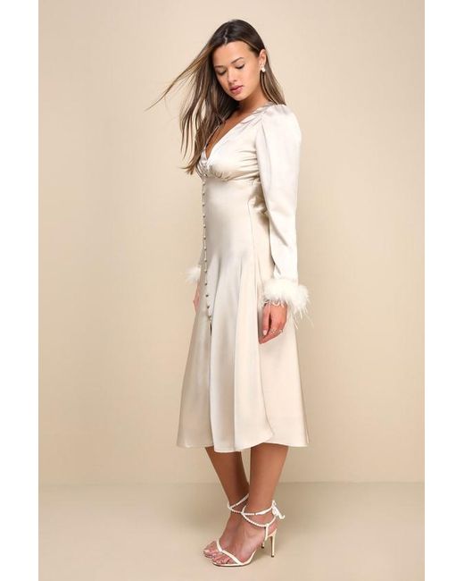 Lulus White Precious Aura Satin Feather Long Sleeve Midi Dress