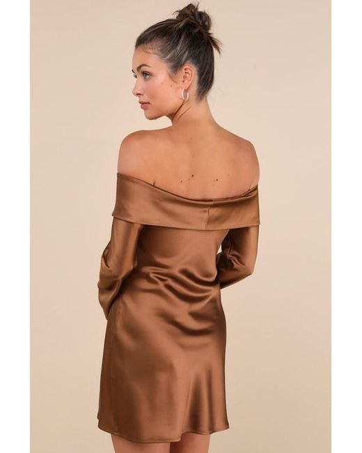 Lulus Brown Luxurious Vision Satin Off-The-Shoulder Mini Dress
