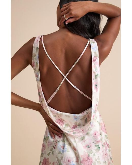 Lulus Natural Coralise Cream Floral Satin Cowl Back Mini Dress