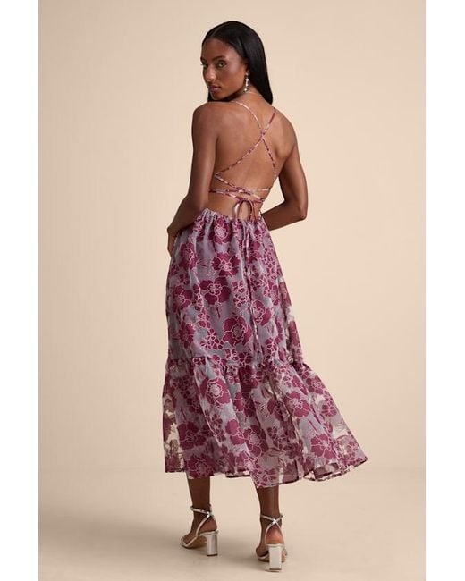Lulus Pink Feeling Like Forever Plum Jacquard Organza Lace-Up Midi Dress