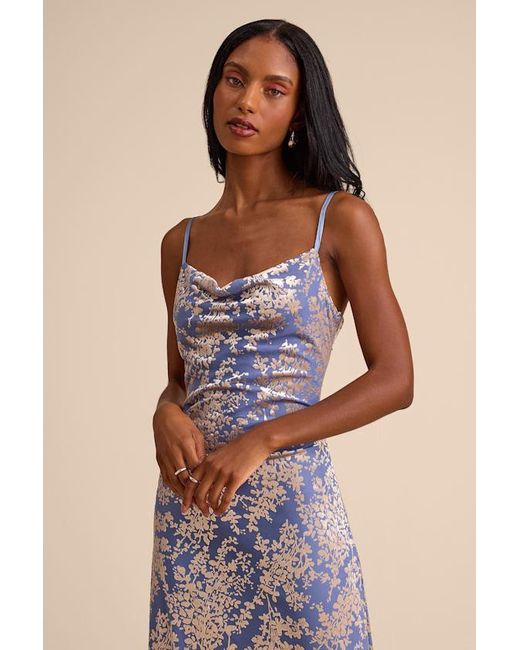Lulus Blue Jessica Periwinkle Velvet Jacquard Cowl Neck Maxi Dress