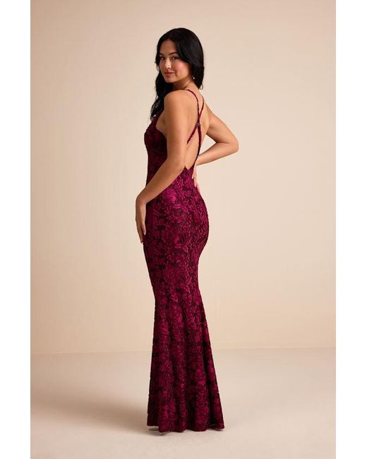 red dress couture backless Primavera Couture 4325 Beaded Wrap Slit Prom Dress Backless Evening Gown V Neck Formal 12 / Red main image 1