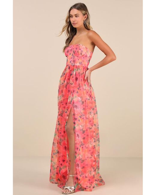 Lulus Red Wonderful Waltz Floral Print Strapless Bustier Maxi Dress