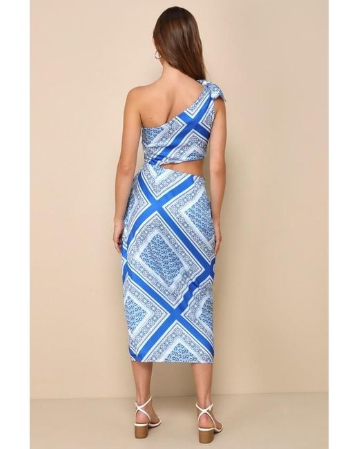 Lulus Blue Vacay Beauty Scarf Print One-Shoulder Tie-Strap Midi Dress
