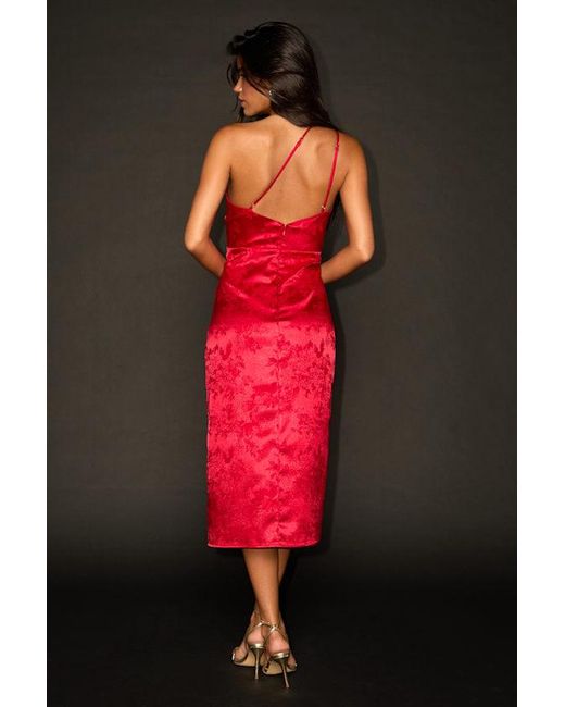 Lulus Red Desirable Dream Satin Jacquard Halter Neck Midi Dress