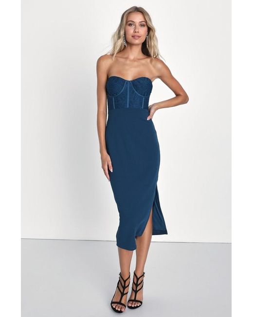 Lulus Blue Passionate Aura Textured Strapless Bustier Midi Dress