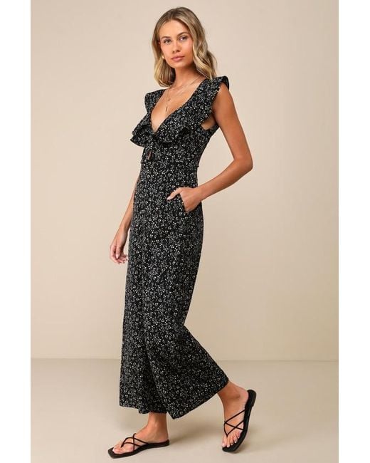 Lulus Black Flawless Life Floral Ruffled Cutout Cropped Jumpsuit