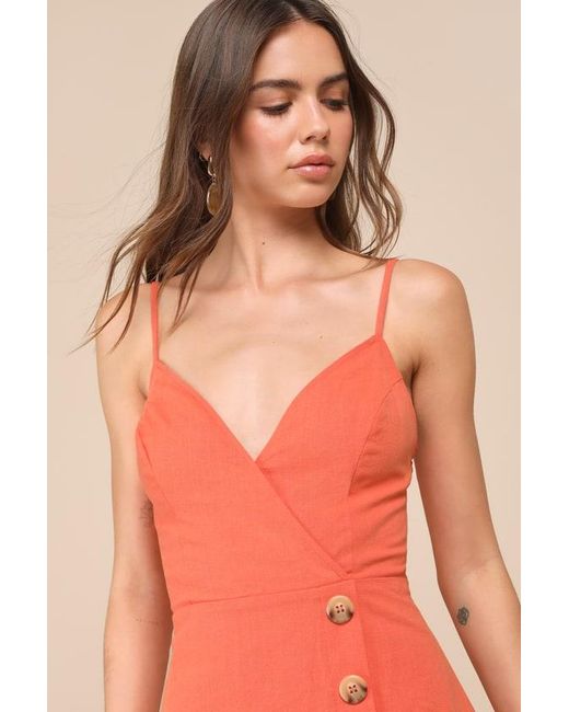 Lulus Orange Sweet Breeze Surplice Button-Front Mini Dress