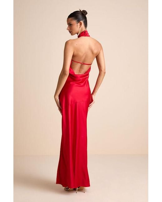 Lulus Madalena Satin Cowl Back Maxi Dress in Red | Lyst