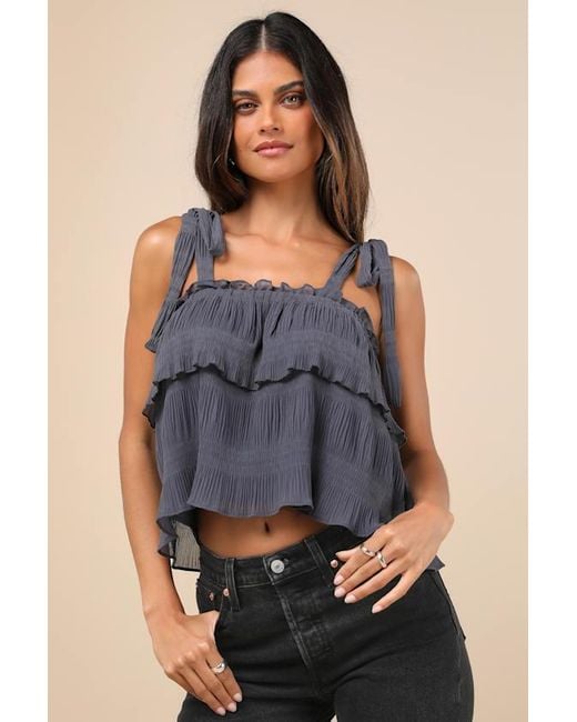Lulus Blue Tiers To Summer Dark Tie-Strap Tiered Tank Top
