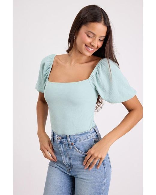 Lulus White Abundance Of Love Mint Textured Puff Sleeve Tie-Back Bodysuit