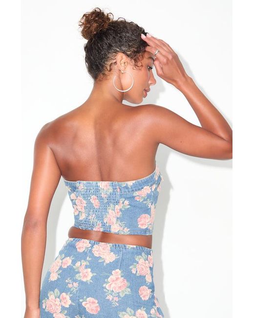 Lulus Blue Ophirah Light Wash Floral Denim Strapless Crop Top