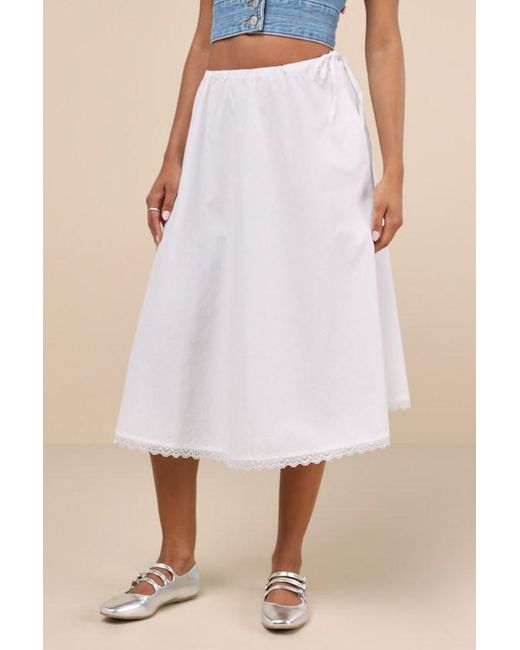 Motel Pink Taka Cotton Poplin Lace Drawstring Midi Skirt