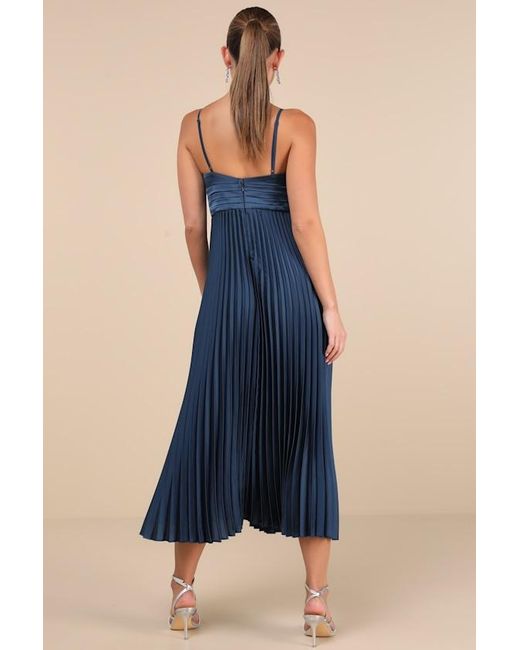 Lulus Blue Fabulous Perfection Satin Pleated Midi Dress